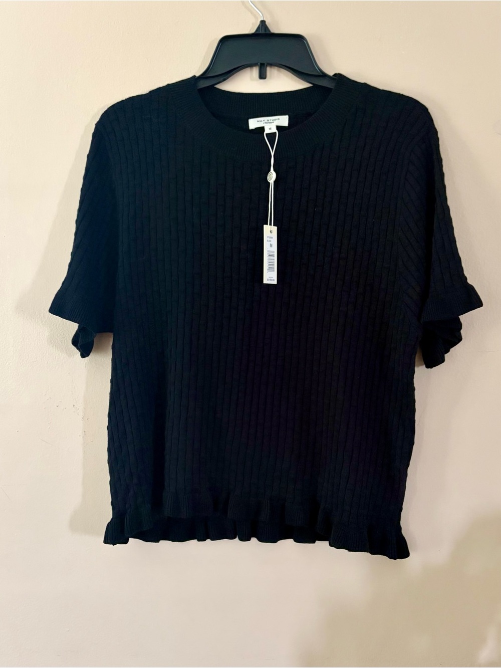 Max Studio Black Ribbed Short-Sleeve Knit Top with Ruffle Hem Size M